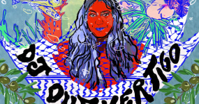 An illustration of DJ Outvertigo, decorated with olive branches, kuffiyeh patterns and elements of the sea