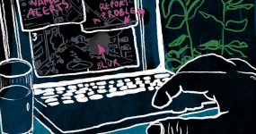 Ilustración de una pantalla de una computadora con una mano tecleando, explorando opciones para defenderse del acoso. Entre las opciones de la pantalla figuran la alerta por nombre, el bloqueo y la denuncia de un problema. A la izquierda de la computadora hay un vaso de agua y a la derecha una planta. Ilustración de Laura Ibáñez López.