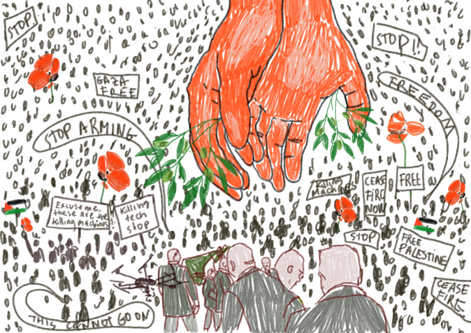 A pair of large hands holding olive branches coming down in a crowded hall with Big Tech and Arms Industries personnel in the front and the common masses all around, resisting with Palestinian flags, and sharp words to stop killing and maiming.