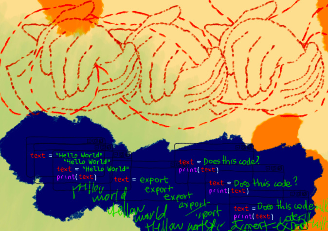 Three pairs of hands clasping each other, seemingly stitched on a cloth. Below is text being put into code: "Hello world" and "Does this code?" with chaotic running text behind this.