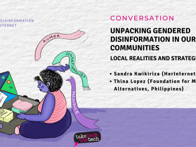 An invitation to participate in the Conversation: Unpacking gendered disinformation in our communities: local realities and strategies. The image features a women unpacking a suitcase full of disinformation tactics. She is sitting on the floor cross-legged and uses a hearing device. She is pulling streamers with the words "rumor" "sensationalism" "prejudice" out of a suitcase in front of the floor. The suitcase encourages her to verify information that is upsetting or provokes anger.